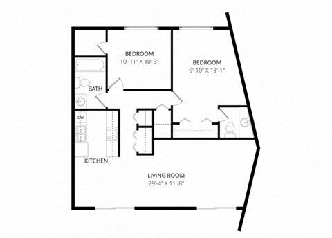 Floor plan for 2 beds, 1.5 baths, 970 sqft